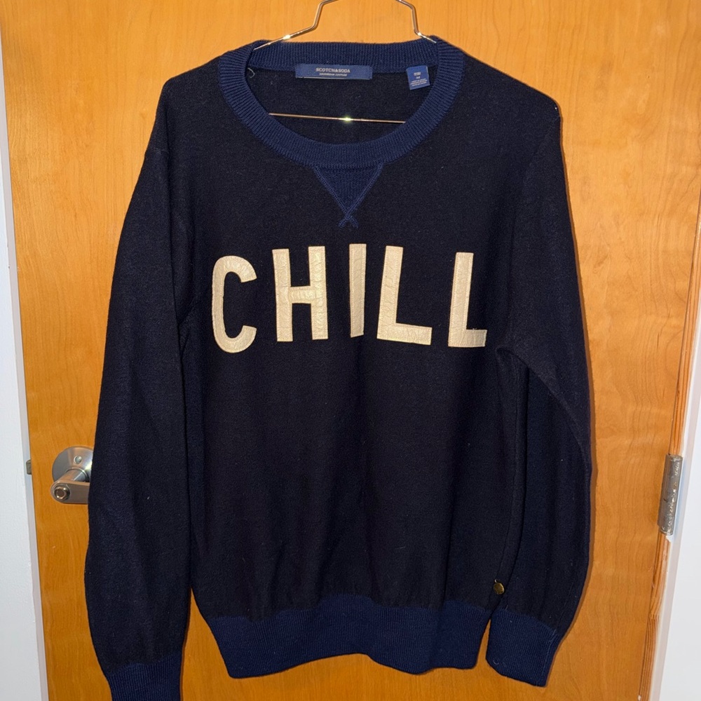 Scotch & Soda Navy Crewneck Sweater with 'CHILL' Design
